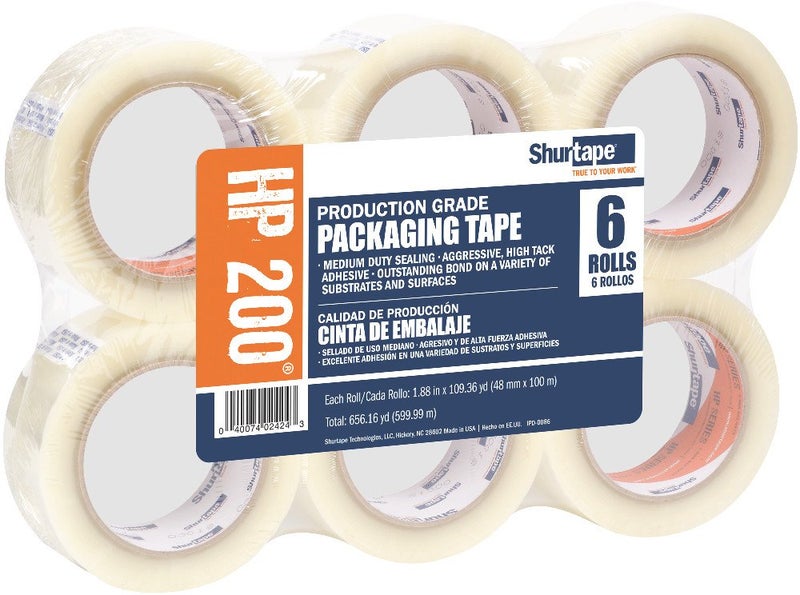 Shurtape HP 200 Medium Duty Hot Melt Shipping and Packaging Tape, For Hand or Automated Sealing, 48mm x 100 Meters Per Roll, Clear, 6-Roll Pack (104483) - Image 1